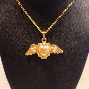 CHANEL CC WINGED HEART PENDANT & 14K GOLD OVE STERING SILVER NECKLACE & DUSTBAG